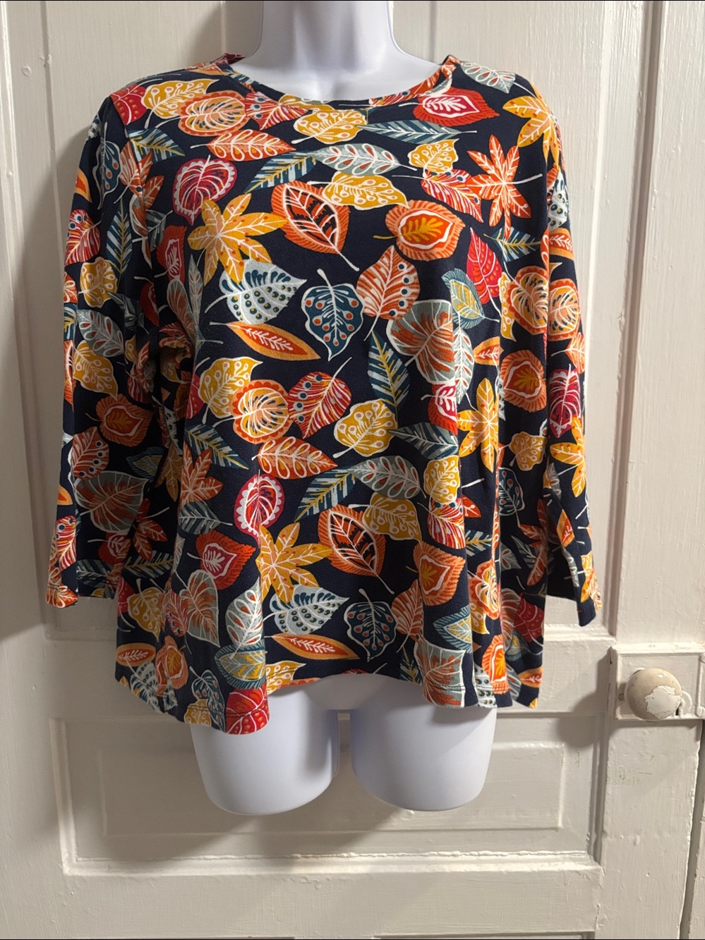 Kim Rogers Navy MulticolorAutumn Leaves 3/4 Sleeve Top Size XXL